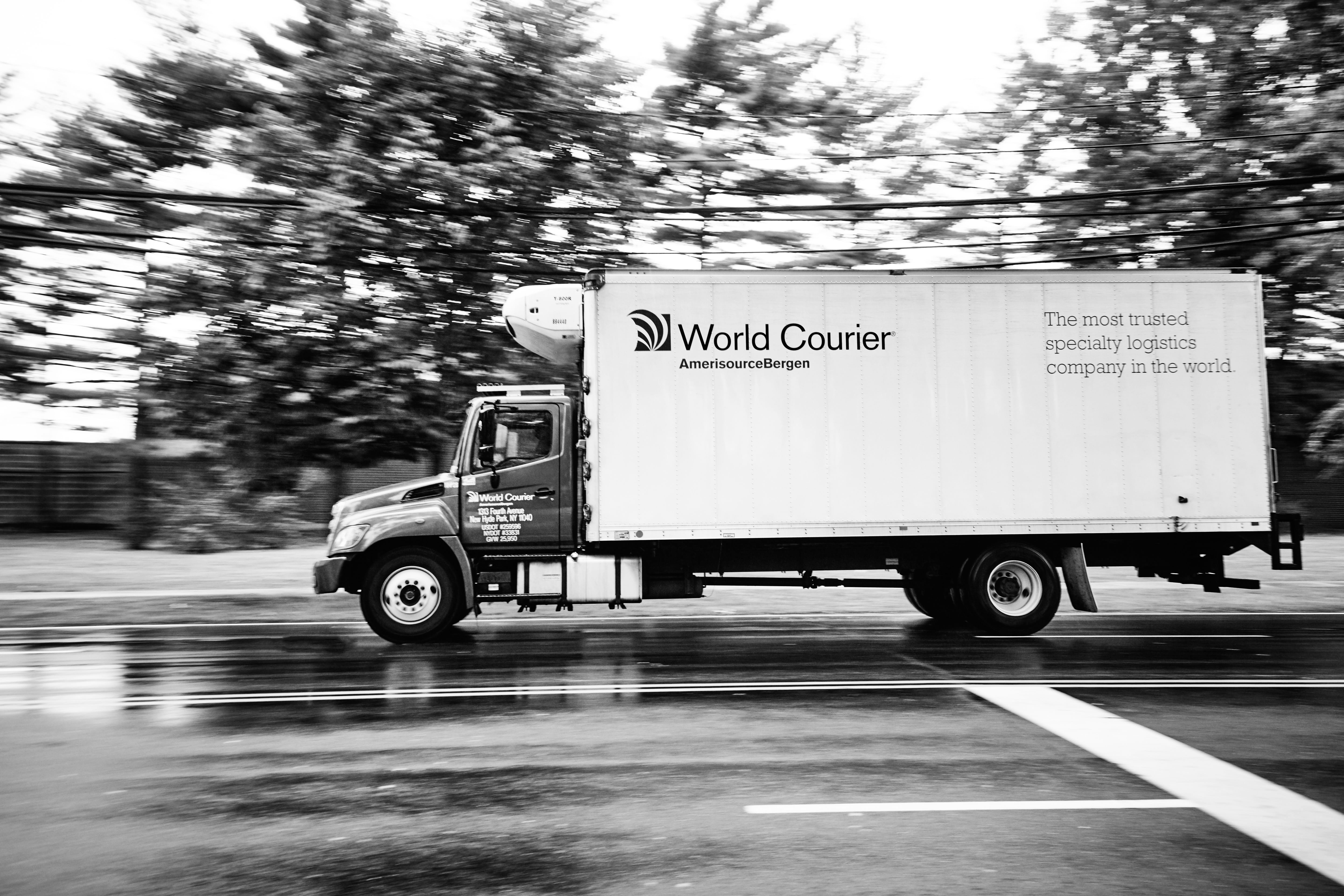 Trees in the background blur as a World Courier truck speeds past.